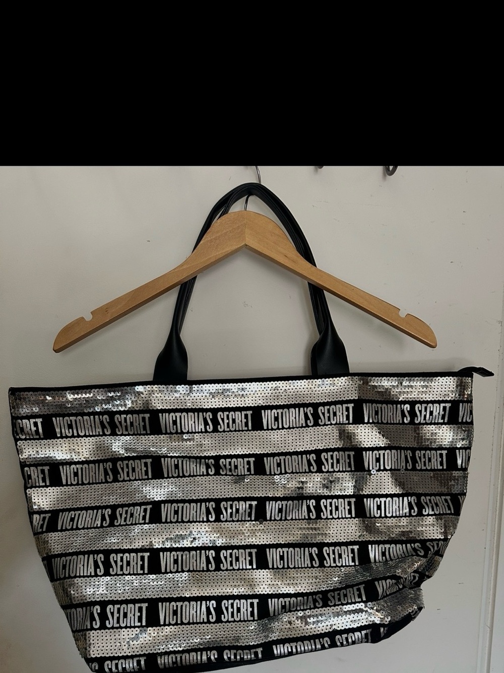 Victoria's Secret Black and Silver Sequin Logo Tote